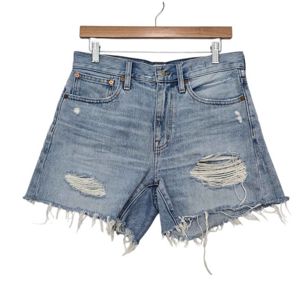 Madewell Relaxed Mid-Length Denim Shorts Light Wash Distressed Raw Hem Size 26
